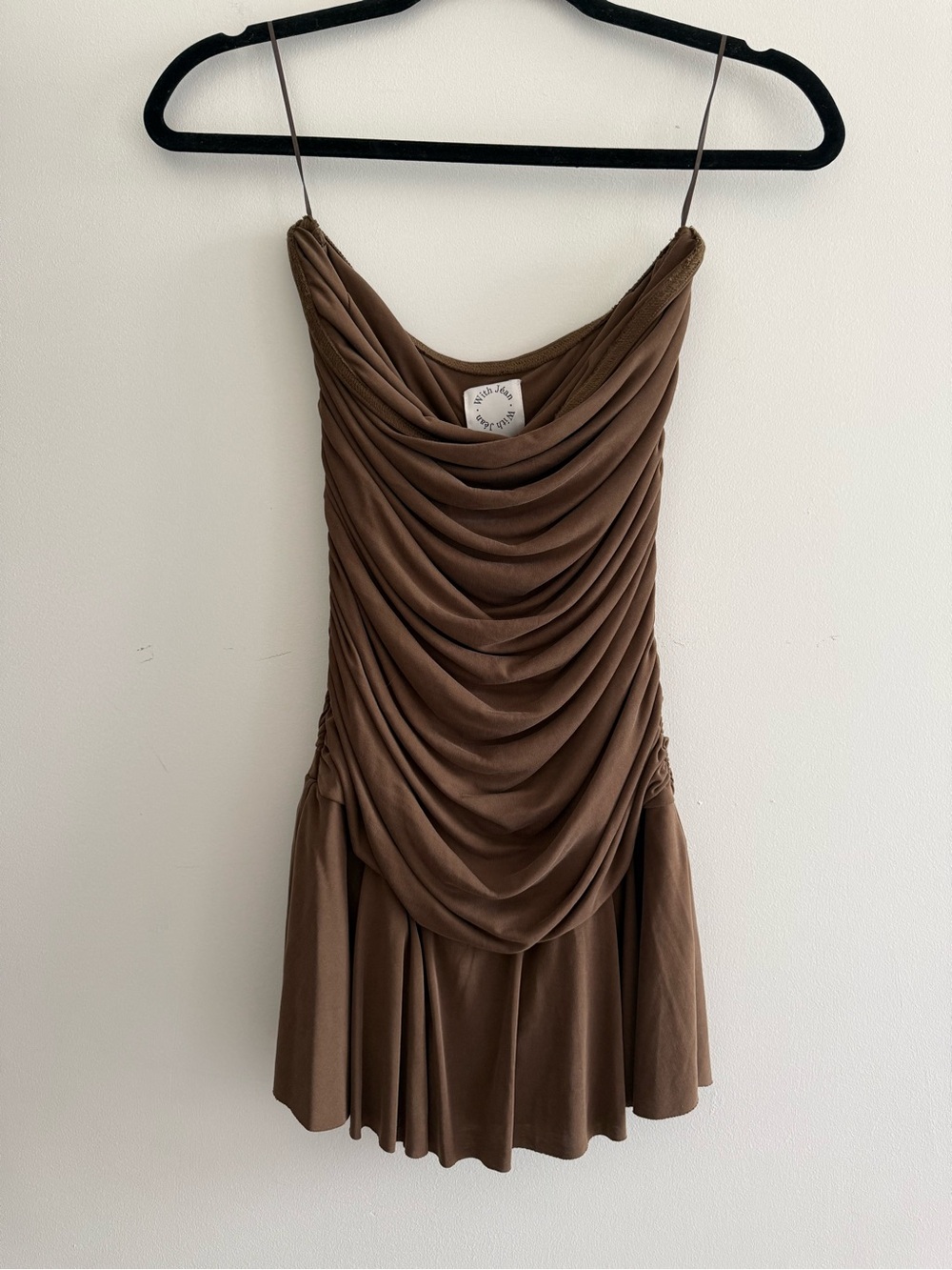 With Jean Brown Ruched Cowl-Neck Mini Dress
